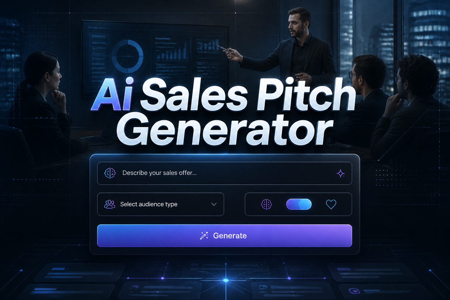 Premium hero image for an ai sales pitch generator with centered "Ai Sales Pitch Generator" text, a refined UI panel with sales offer, audience type and tone controls, Generate button, and a blurred business meeting background.
