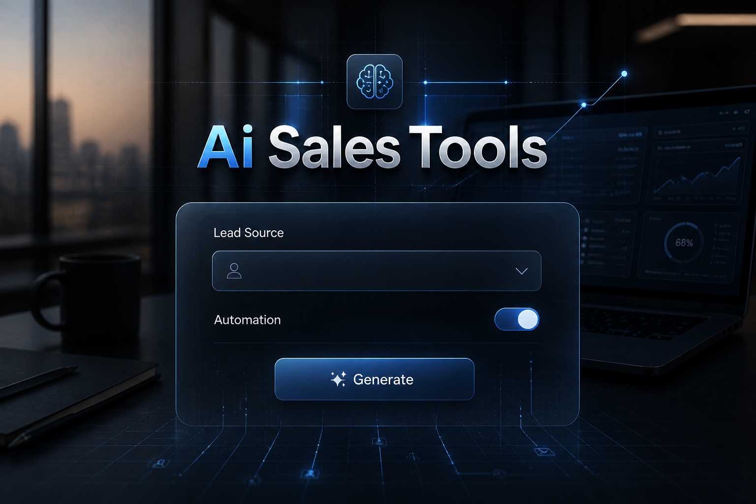 Centered hero image of an Ai Sales Tools interface with a soft-shadow title, lead source input, dropdown, automation toggle, and Generate button, set over a real sales workspace with laptop screens and subtle dashboard grid, ideal for AI sales automation tools.