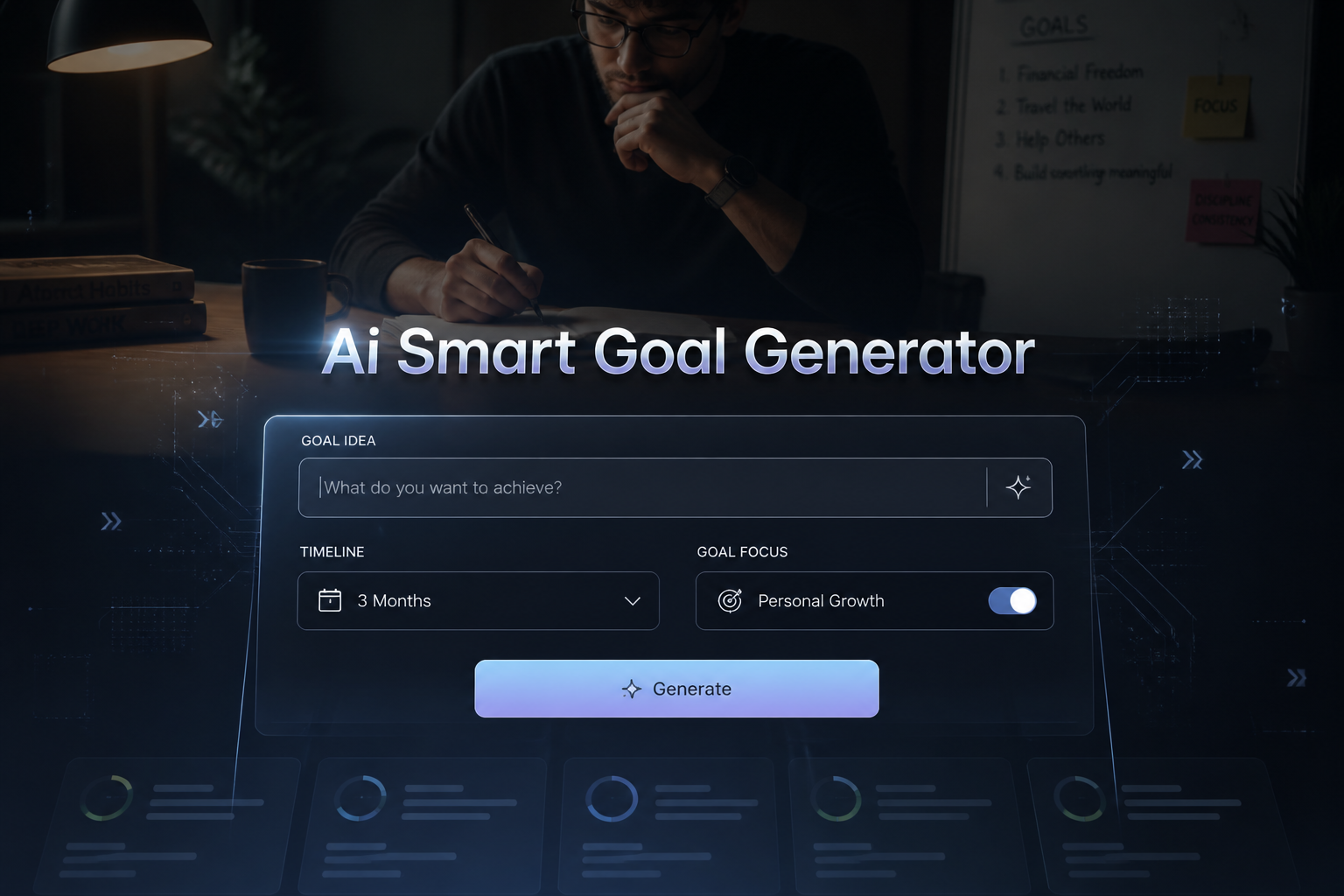 Centered hero graphic for an ai smart goal generator shows a polished UI panel with a goal idea input, timeline dropdown, goal focus toggle, and Generate button, over a faint desk-planning scene with sleek grid lines and smart shadows.