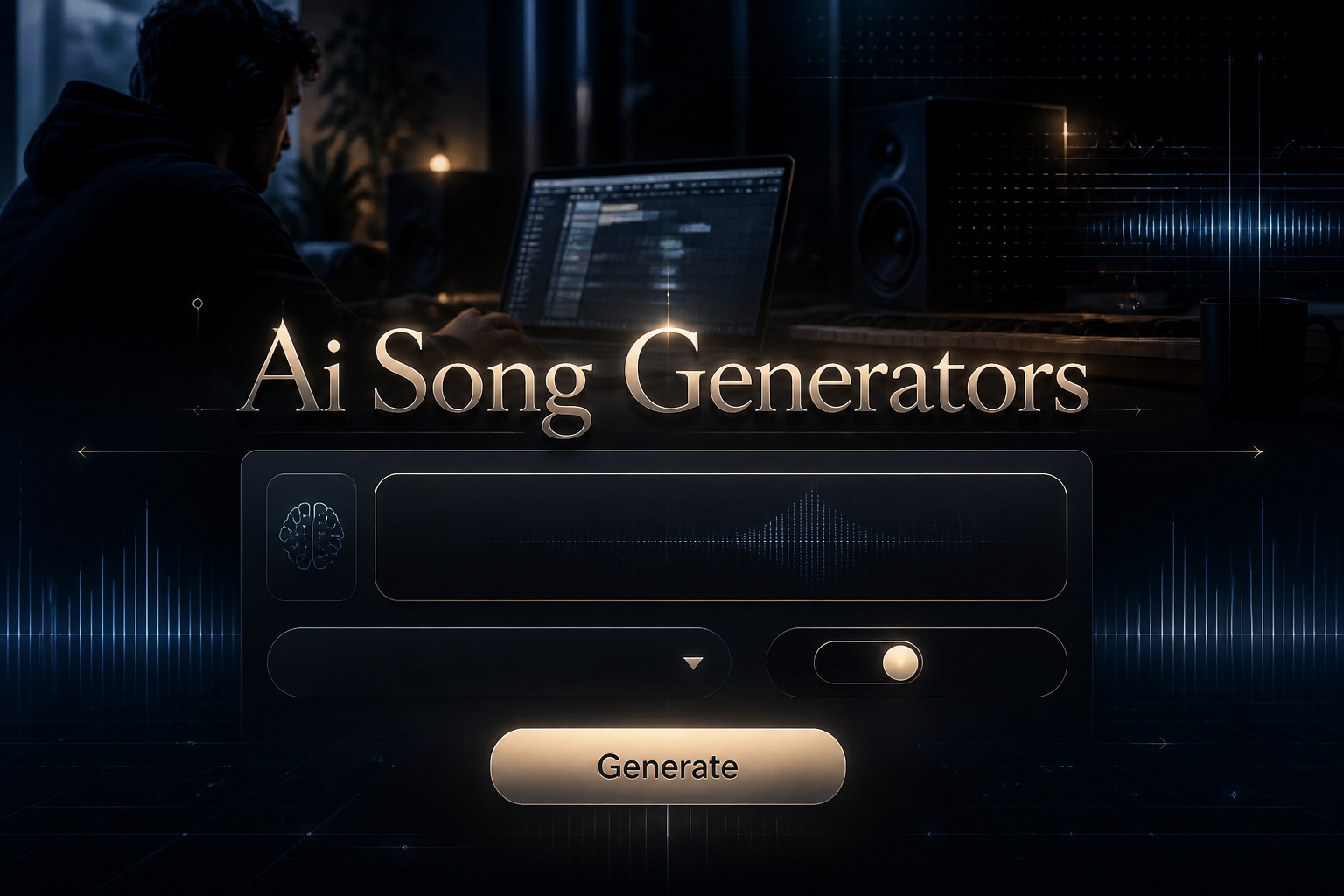 Centered hero graphic for an AI music creation tool with "Ai Song Generators" text, a prompt field, genre dropdown, vocals/instrumental toggle, and Generate button over a sleek modern music studio scene, ideal for ai song generators tool and AI music generator interface.