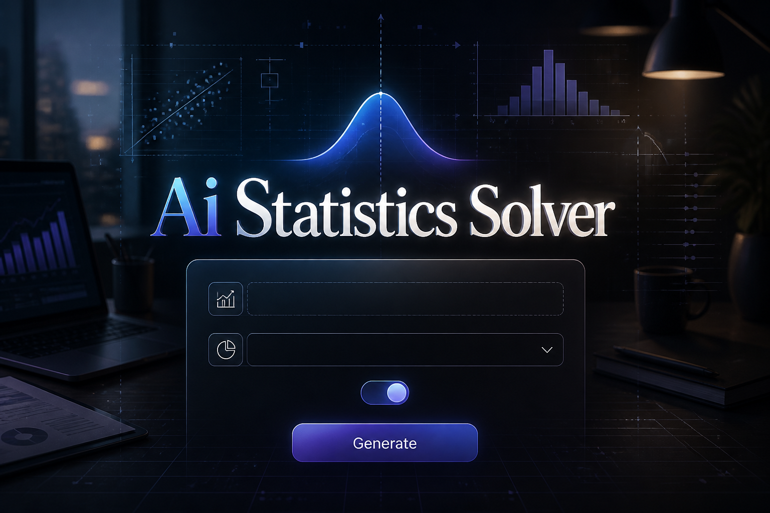 Centered hero graphic for an ai statistics solver showing a polished analytics panel with a data set input, analysis type dropdown, toggle, and Generate button over a modern workspace background with charts and subtle grid overlays.