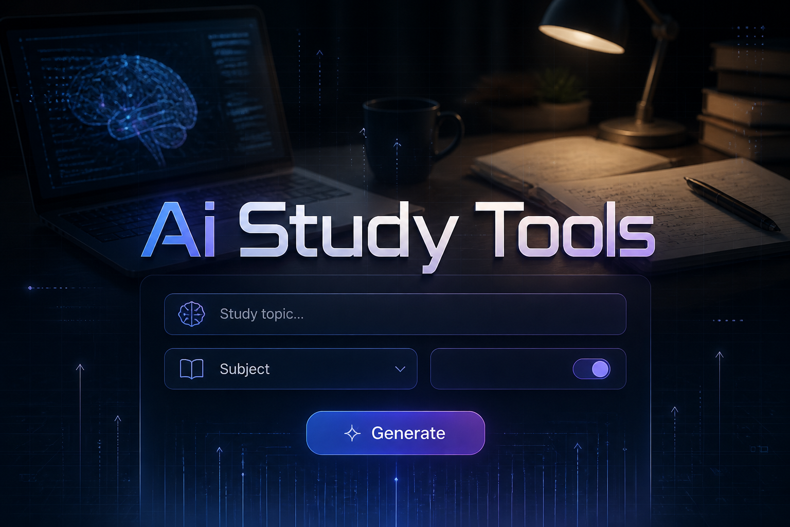 Centered AI Study Tools hero graphic with a sleek input panel for study topic, subject dropdown, practice mode toggle and Generate button over a fading laptop-and-notes workspace, ideal for AI study tools and AI study helper apps.