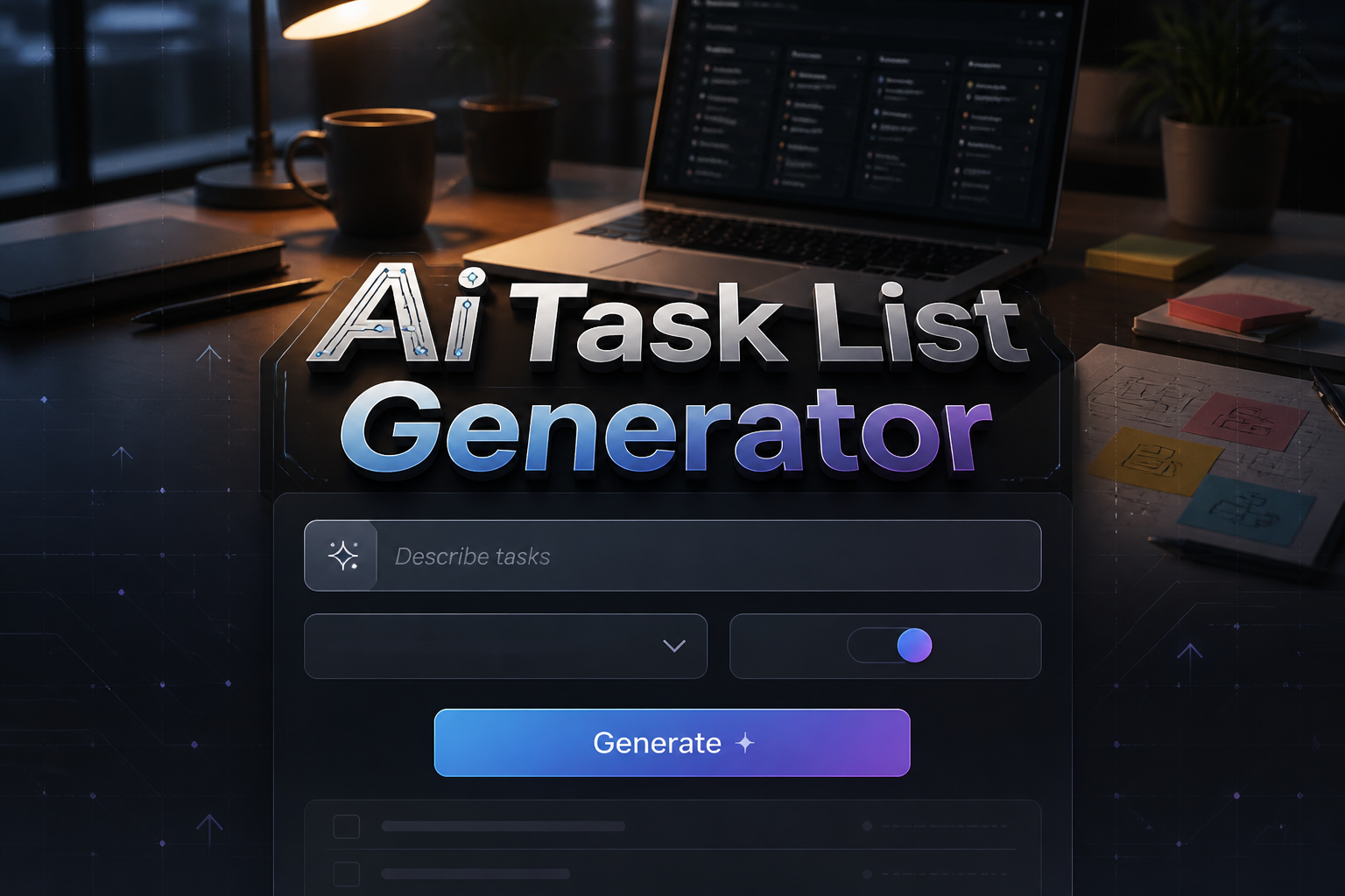 Centered hero graphic for an Ai Task List Generator showing a sleek task prompt field, priority dropdown, smart auto-sort toggle, and Generate button over a refined workspace background with laptop and planning notes, ideal for AI task list generator tool.
