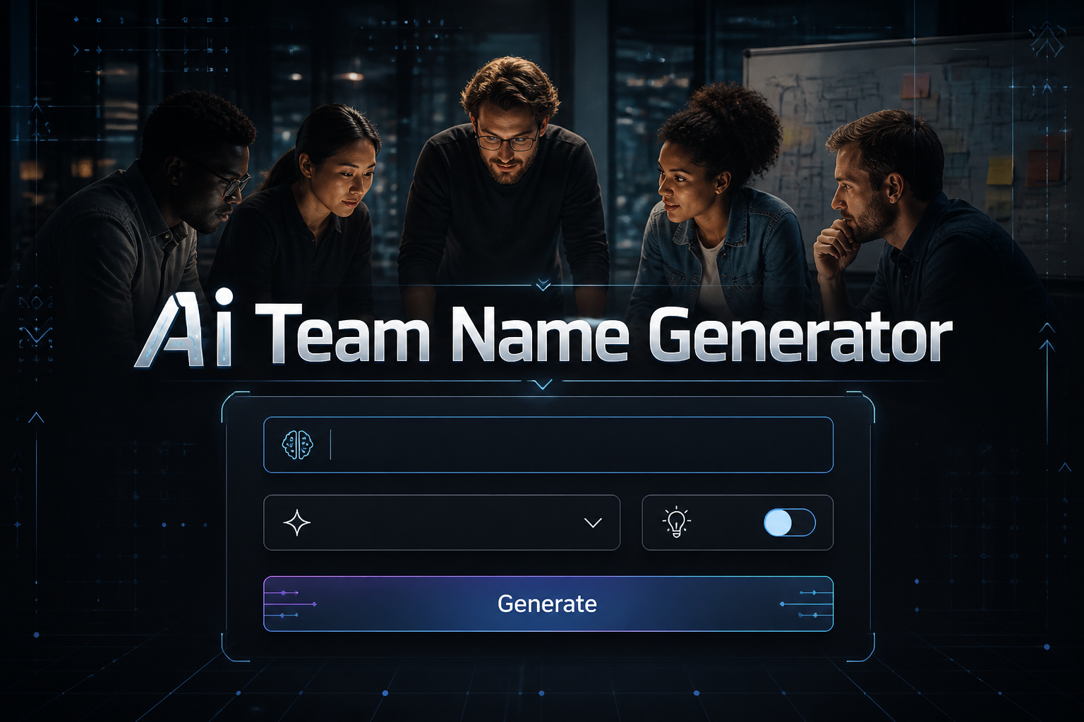 Centered featured hero image of an AI Team Name Generator UI with a keyword input, team style dropdown, creativity toggle and Generate button over a modern brainstorming team background, ideal for team name generator tool and AI naming ideas.