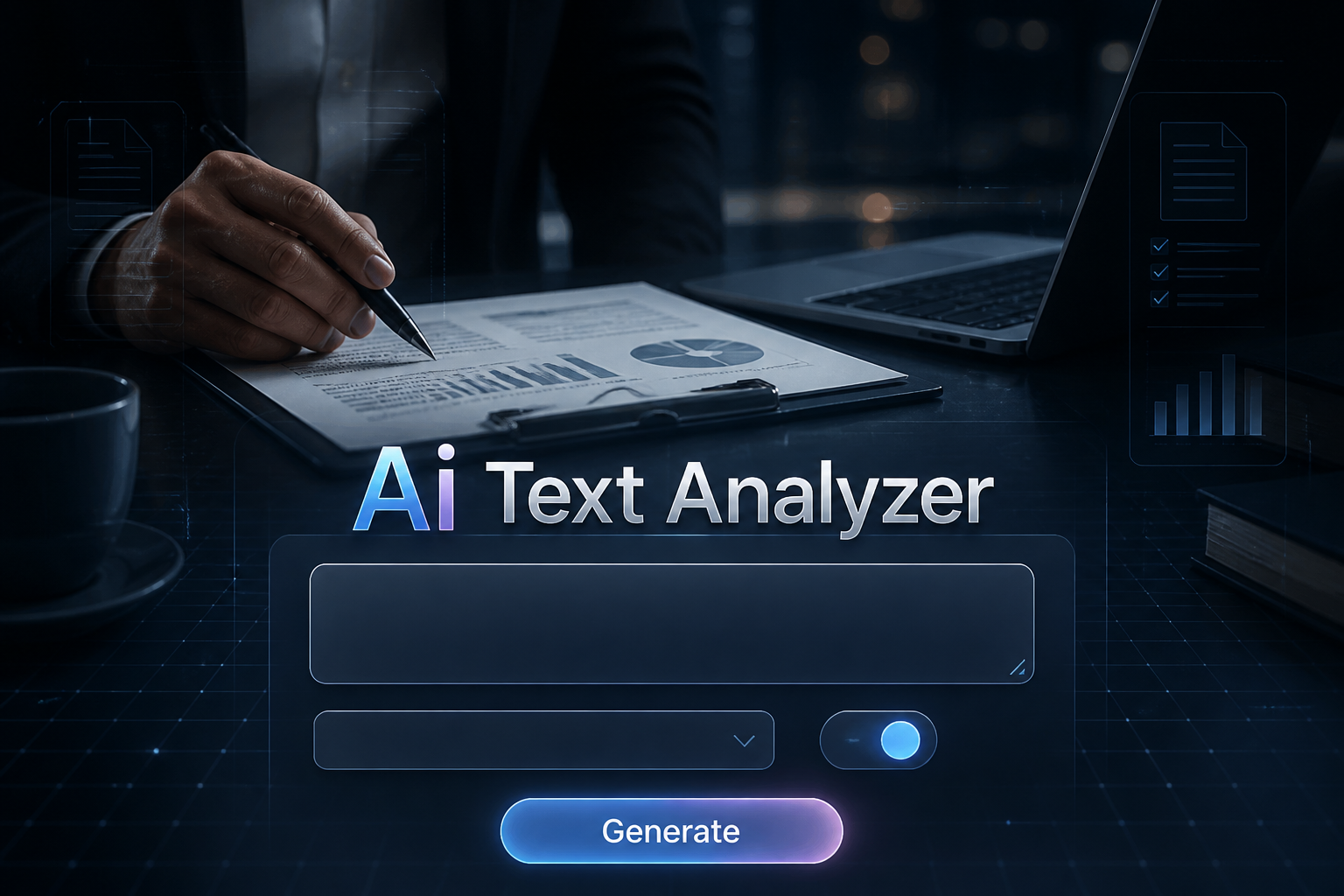 Centered hero image for an Ai Text Analyzer with a prominent "Ai Text Analyzer" title, a text input, tone/language dropdown, sentiment toggle, and Generate button over a polished document-review UI, ideal for AI text analysis tool interface.