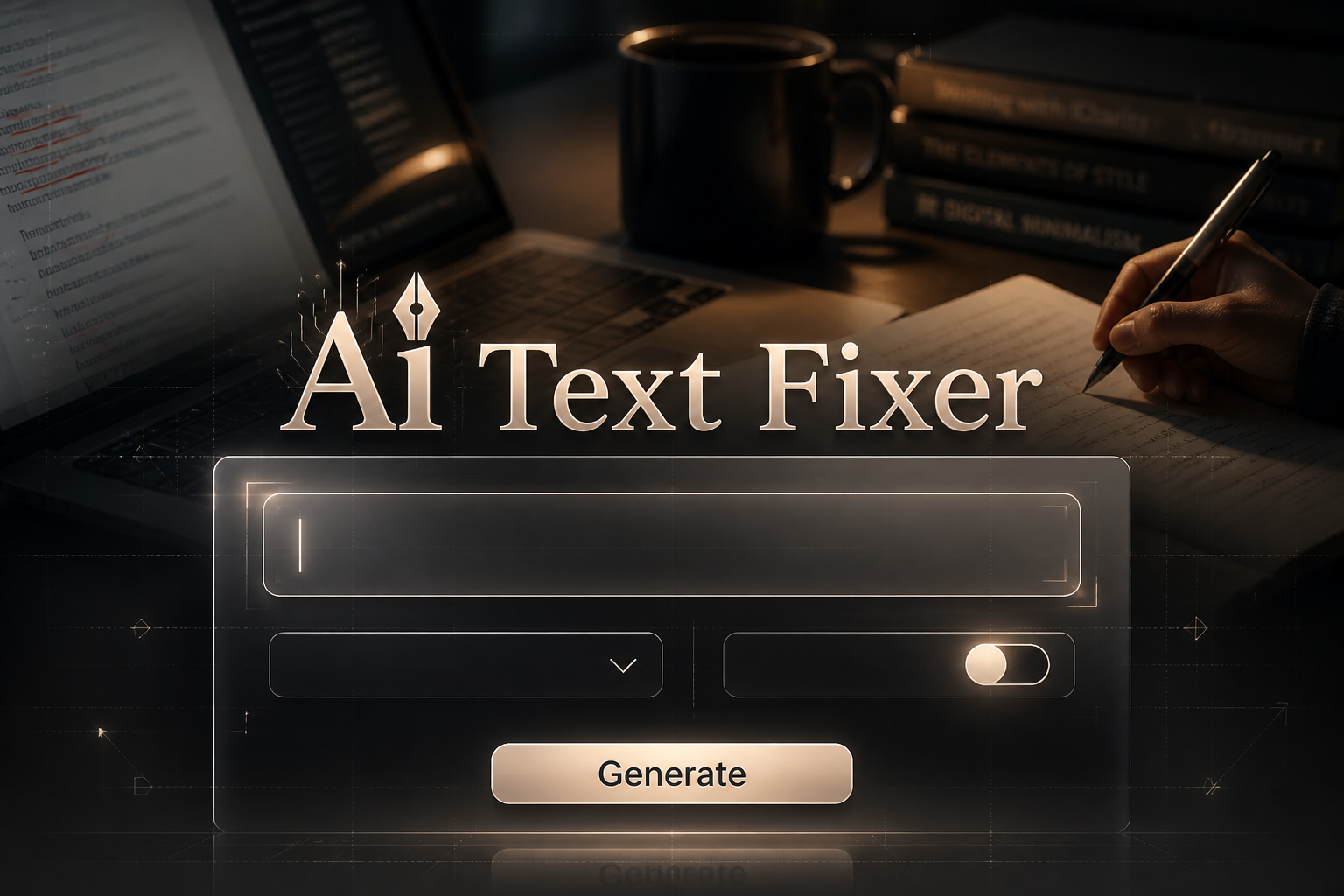 Centered hero graphic with the text Ai Text Fixer in a smart UI panel, showing a broken-sentence input, empty dropdown, correction toggle, and Generate button, with subtle grid details for AI text fixer tool and sentence correction tool.