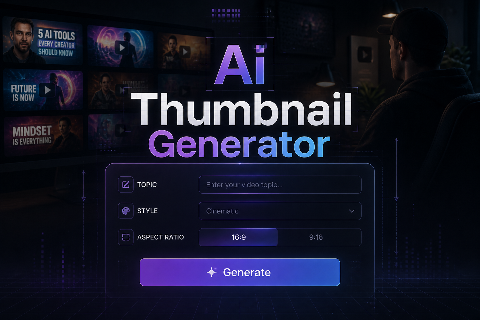 Centered hero graphic for an Ai Thumbnail Generator with a sleek panel showing a topic input, style dropdown, aspect ratio toggle, and Generate button, set over a creator workspace with thumbnail previews and subtle AI UI grid details.