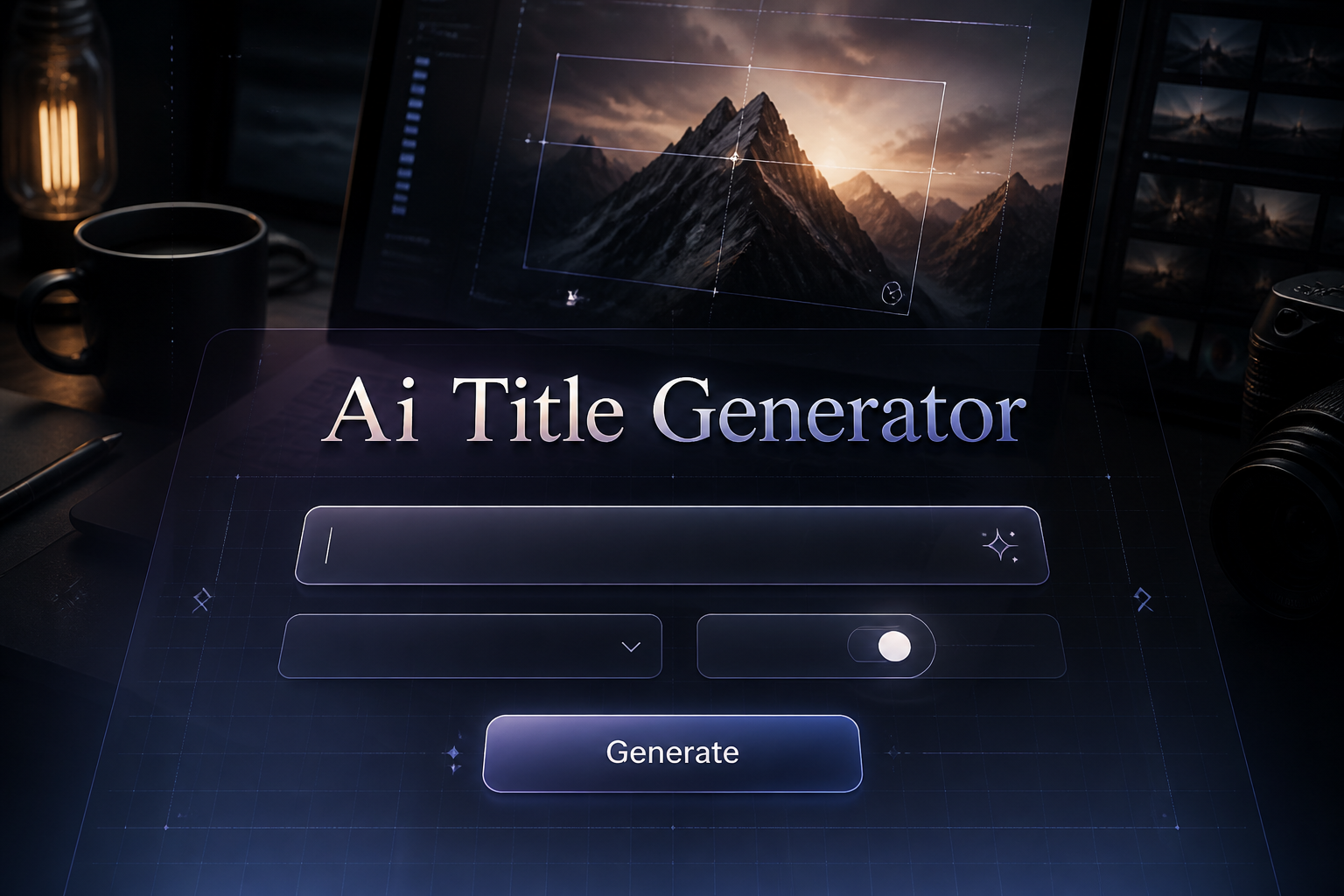 Featured hero image for an AI title generator tool showing the text Ai Title Generator over a sleek centered UI panel with a topic field, dropdown, tone toggle, and Generate button, in a polished title generator interface design.