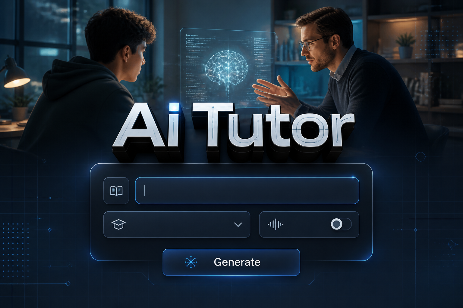 Centered hero image for an AI tutor tool showing "Ai Tutor" in bold black-shadowed type above a refined interface with a topic field, level dropdown, voice mode toggle, and Generate button, over a faint real-life study scene and subtle grid accents.