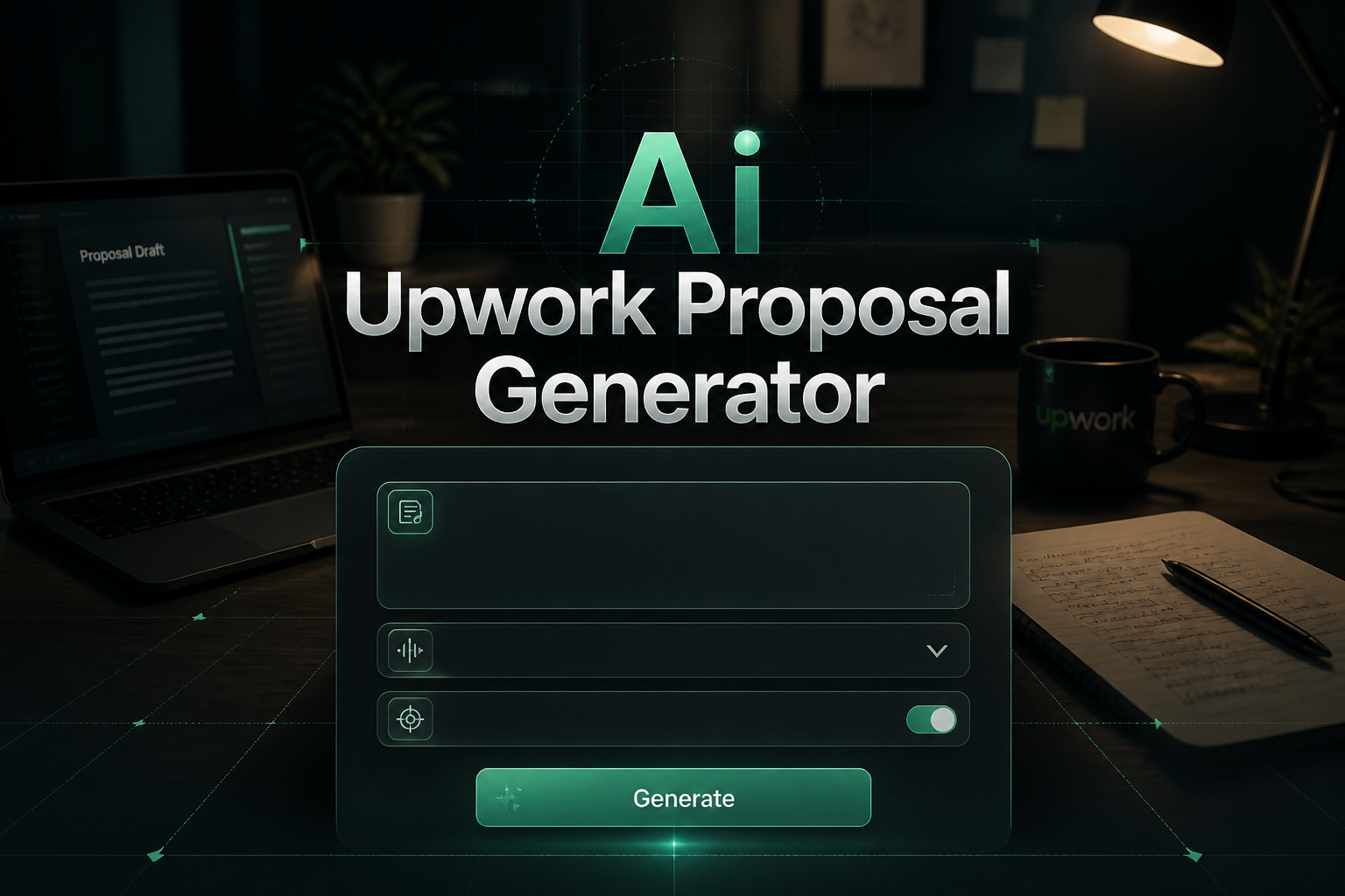 Centered hero graphic with the title Ai Upwork Proposal Generator over a sleek AI UI panel, showing a project brief field, proposal tone dropdown, tailoring toggle, and Generate button, set against a freelance workspace with laptop and draft papers.