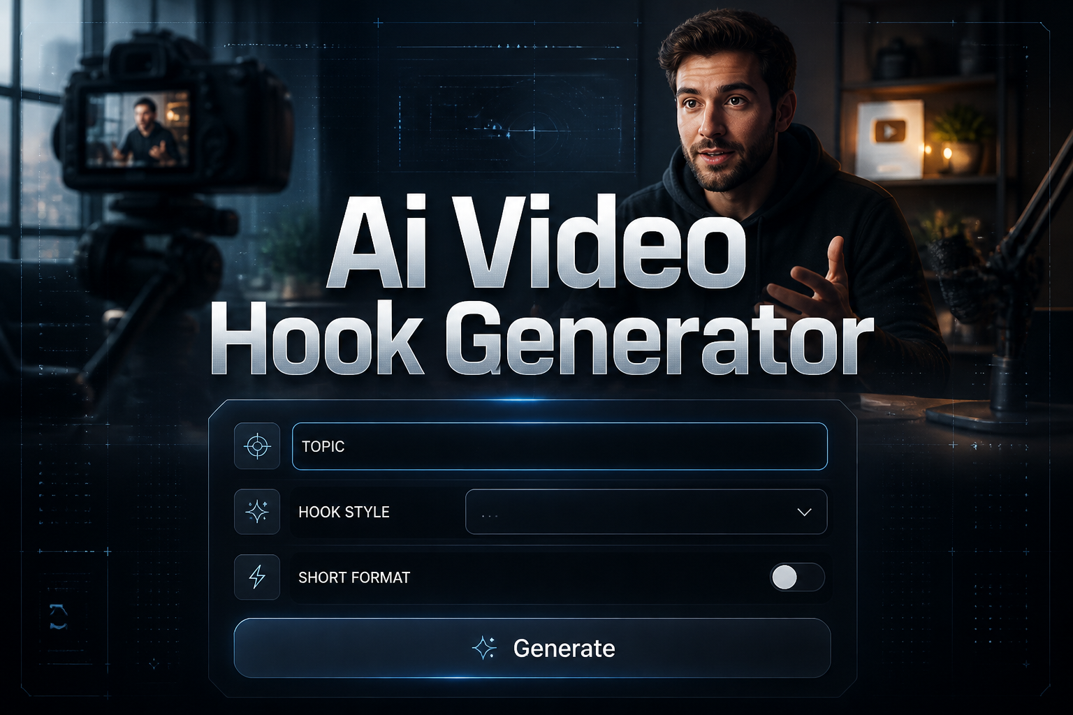 Centered AI video hook generator hero image with a creator filming in the background, a refined UI panel with topic input, hook style dropdown, short format toggle, and Generate button, perfect for ai video hook generator tool and AI video hook ideas.