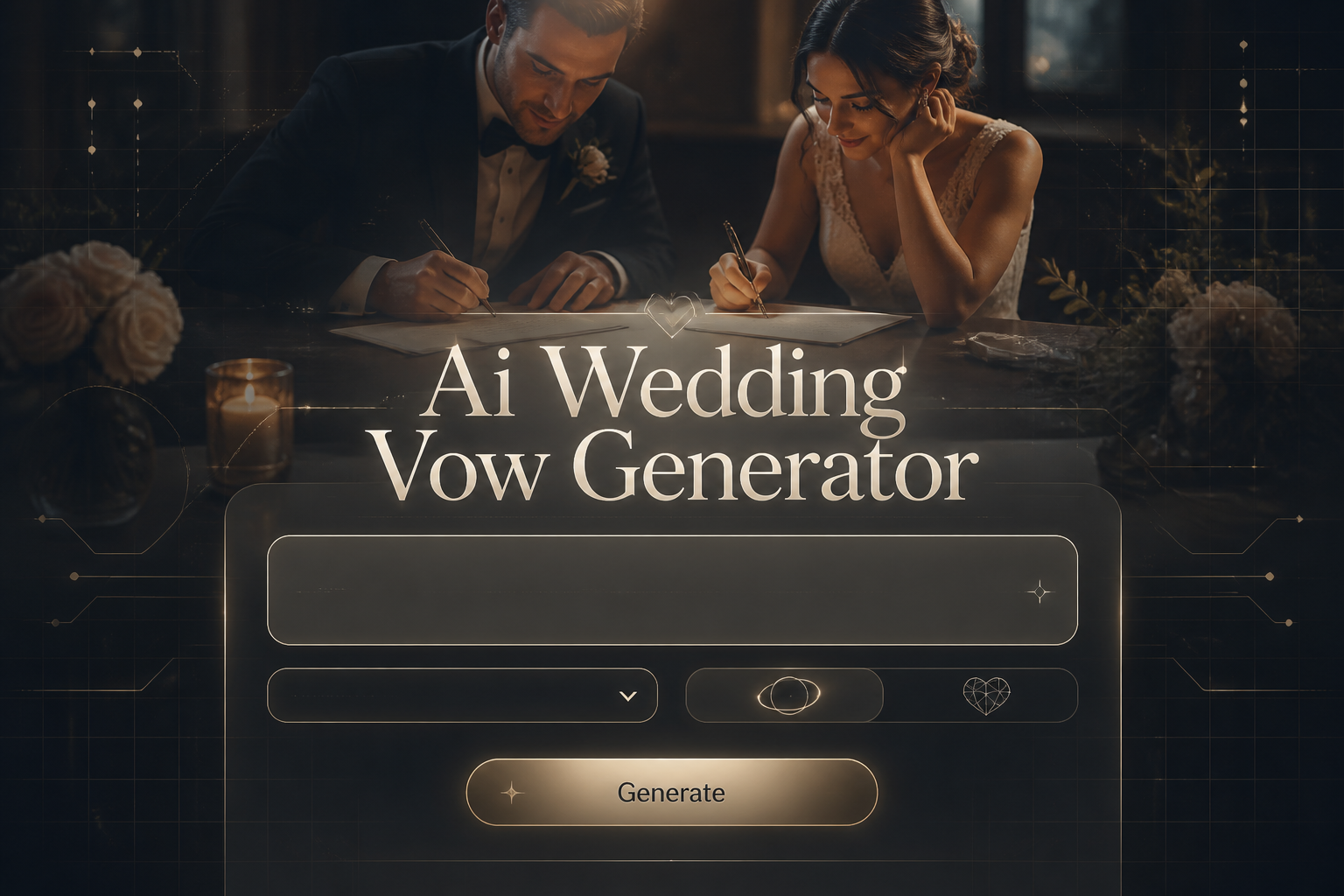 Ai Wedding Vow Generator hero image with a centered smart UI panel, vow details input, tone dropdown, relationship style toggle, and Generate button over a romantic wedding writing scene, ideal for an AI wedding vow generator tool.