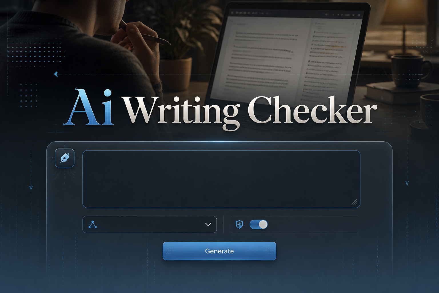 Centered premium AI writing checker hero image with the title Ai Writing Checker, a pasted-text input field, check type dropdown, strictness toggle, and Generate button, plus a writer reviewing copy on a laptop in the fading background.