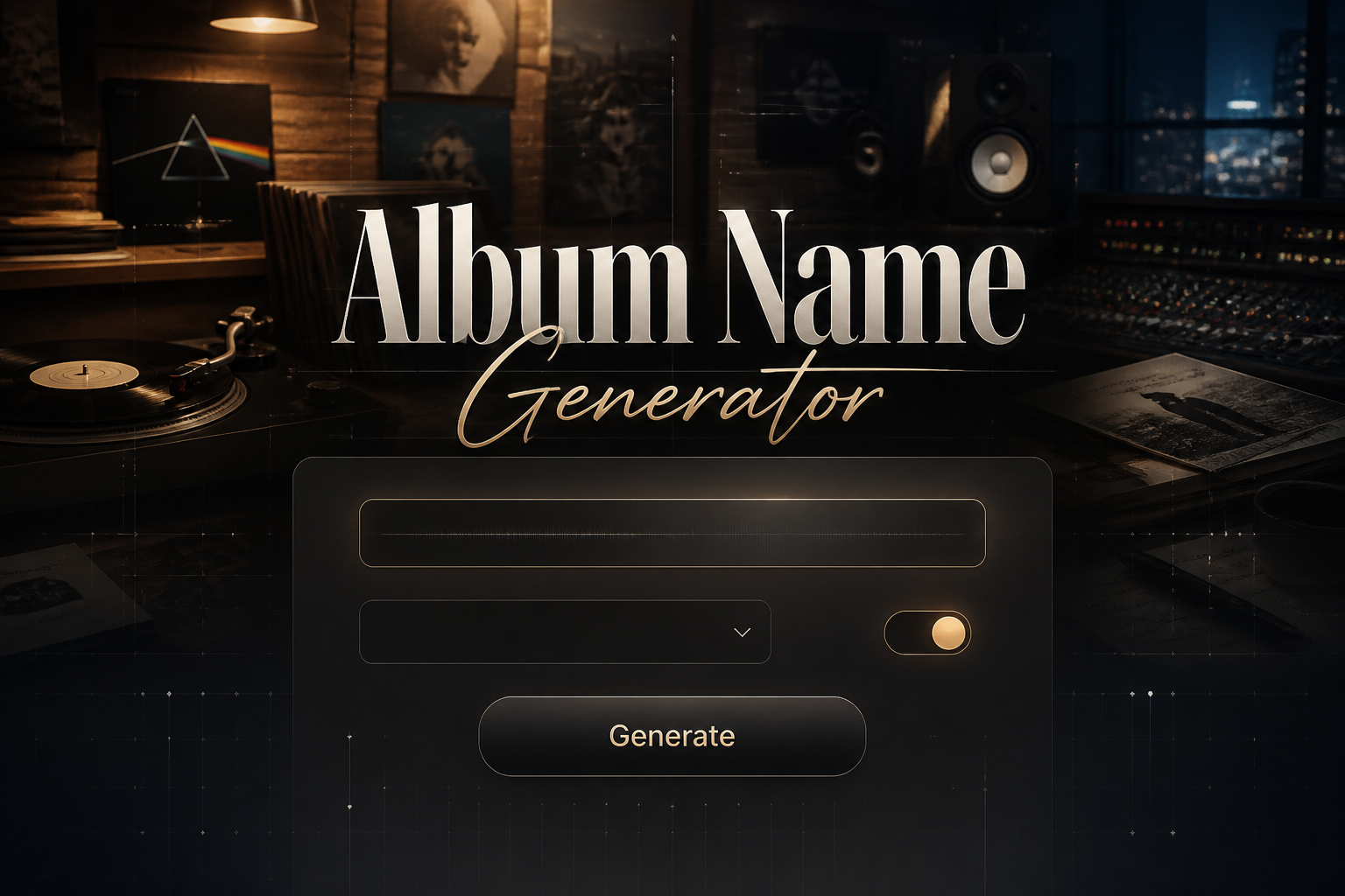 Centered hero graphic for an Album Name Generator tool showing a sleek UI panel with one style or mood input, a genre or vibe dropdown, a creative mode toggle, and a Generate button over a moody music studio background with vinyl records and album covers, ideal for album naming ideas and music album title generator use.