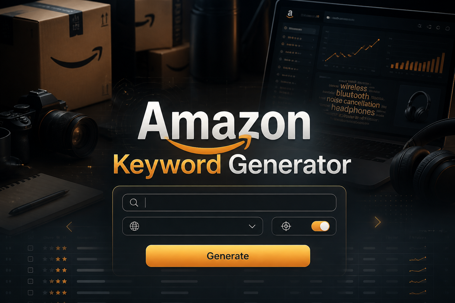 Hero image for an Amazon keyword generator tool showing a centered UI panel with a seed keyword input, marketplace dropdown, match type toggle, and Generate button, set over a polished e-commerce keyword research dashboard background.
