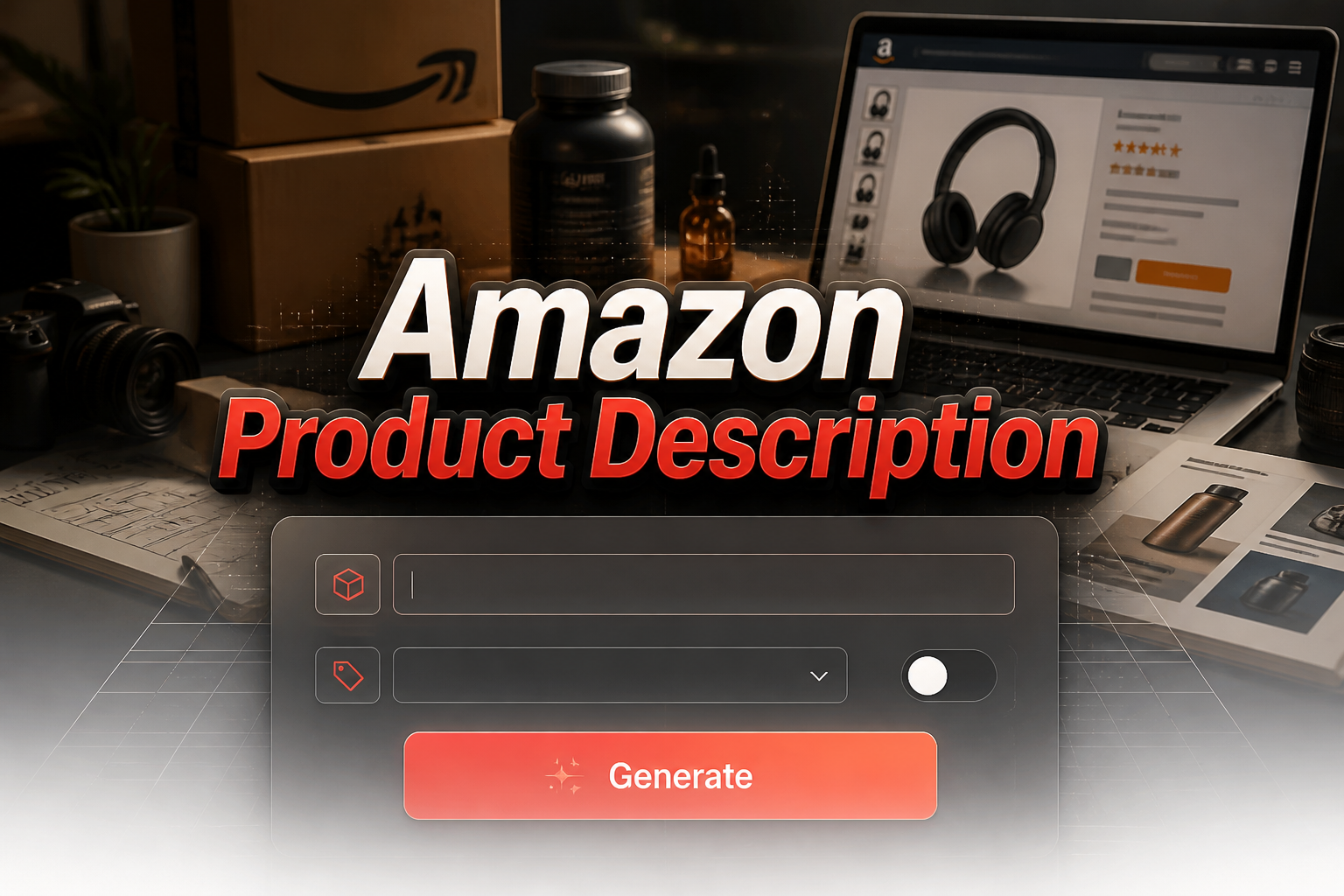 Centered Amazon Product Description hero image with a sleek AI tool panel, product name input, tone dropdown, benefit-first toggle, and Generate button over a premium e-commerce workspace, ideal for Amazon product description generator SEO.