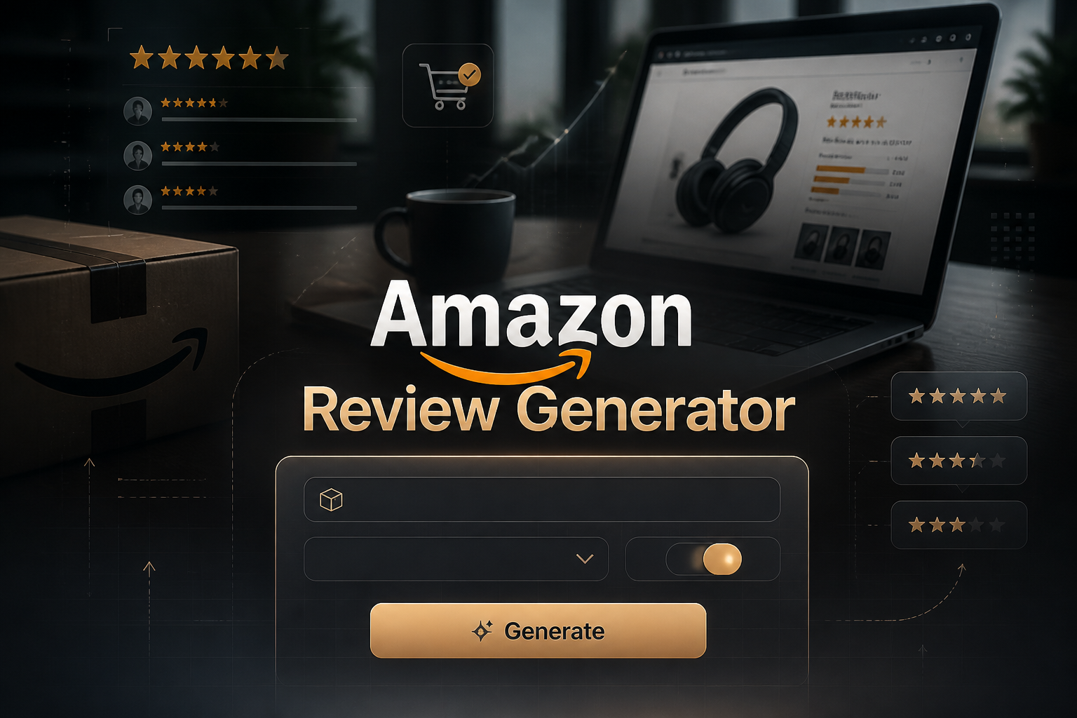 Centered hero graphic for an Amazon Review Generator tool showing a polished UI panel with product name input, blank dropdown, tone toggle, and Generate button over a dark online shopping and customer feedback scene with subtle grid lines.