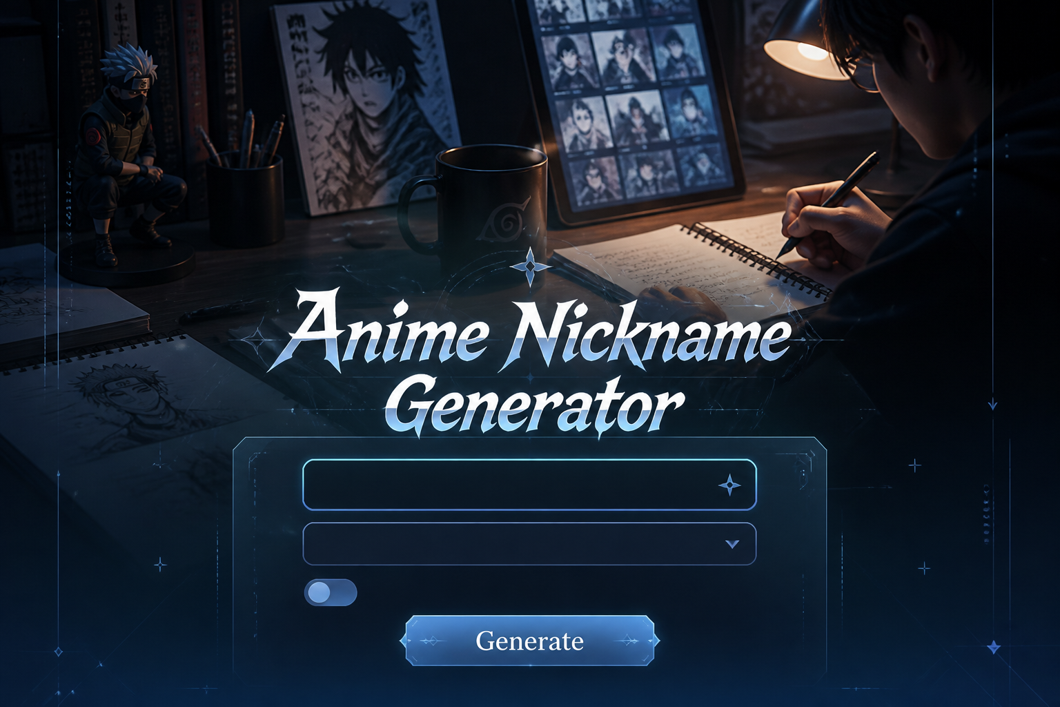 Centered anime-themed UI hero image with the title Anime Nickname Generator, a nickname input, vibe dropdown, style intensity toggle, and Generate button, styled as an anime nickname generator tool with sleek premium details.