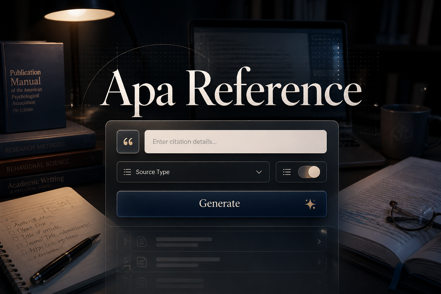 A polished Apa Reference hero graphic shows a centered citation panel with a citation details field, source type dropdown, formatting toggle, and Generate button over a study desk backdrop with books, notes, a laptop, and subtle grid accents.