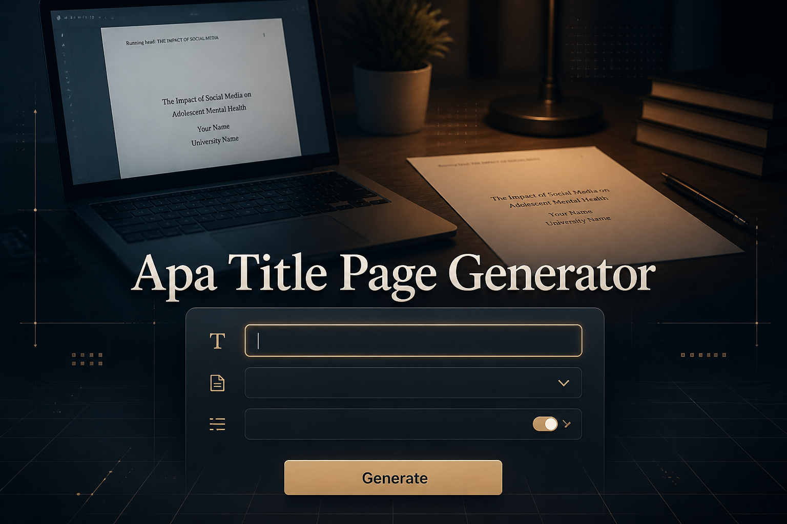 Centered hero image of an Apa Title Page Generator tool with a polished UI panel, title field, paper style dropdown, spacing toggle, and Generate button over a student desk scene, ideal for APA title page generator and APA cover page maker.