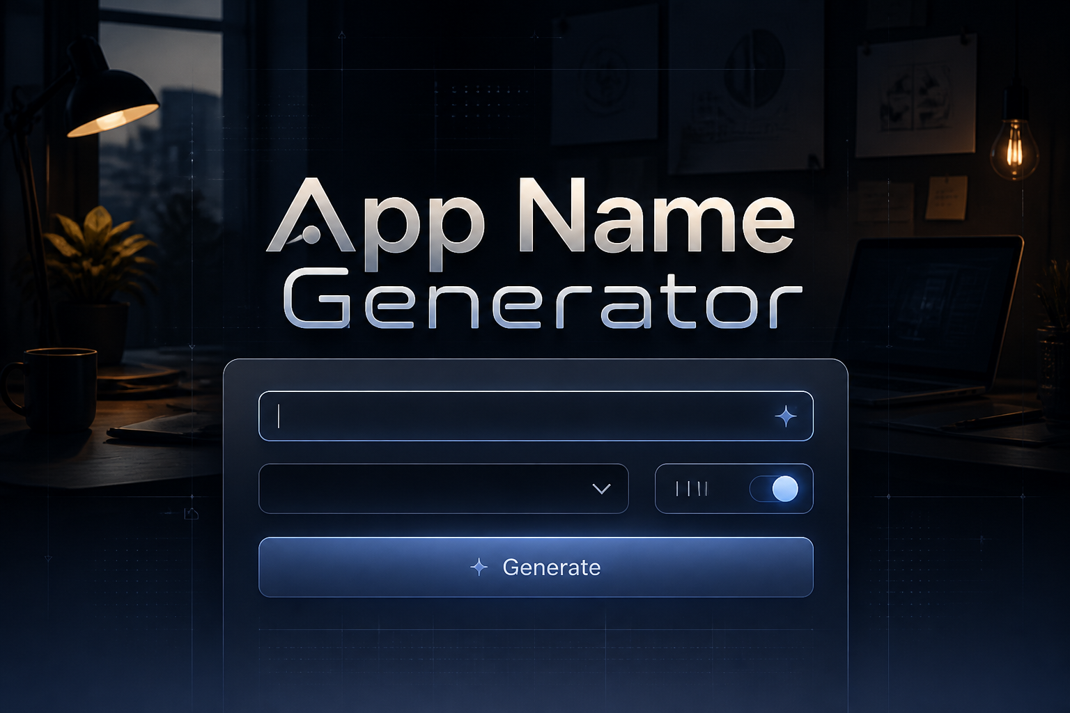 Centered hero image for an app name generator tool with the title App Name Generator, a keyword input, style dropdown, tone toggle, and Generate button in a sleek modern UI, ideal for app name generator ideas and AI app name generator search.