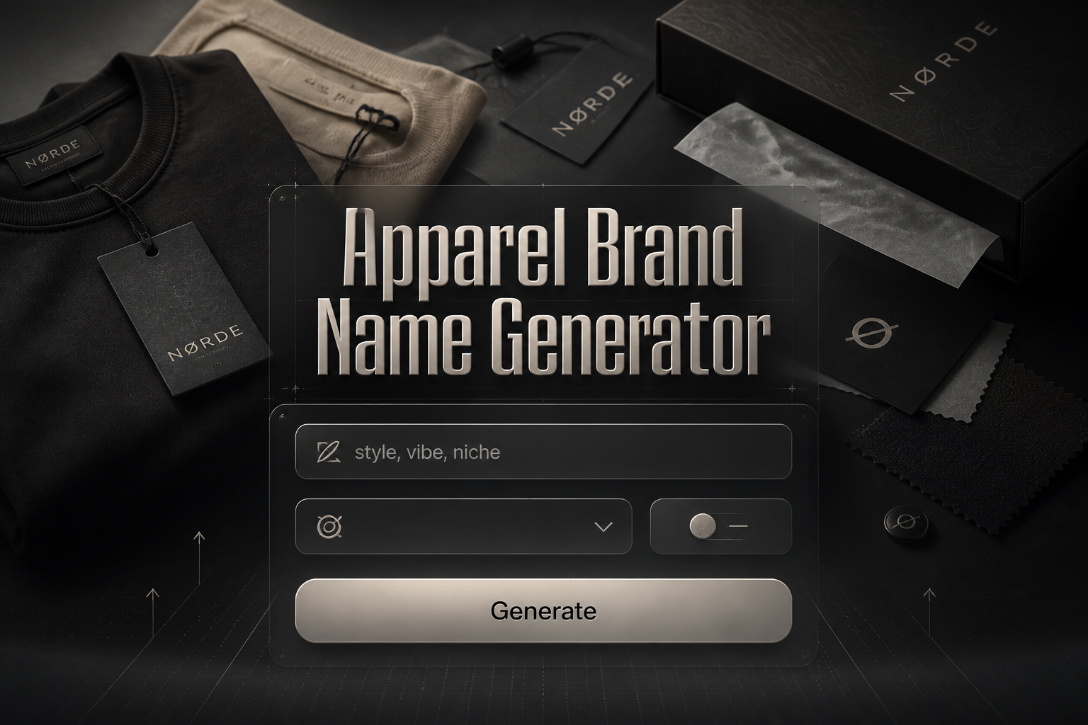 Featured hero image for an apparel brand name generator with centered UI panel, keyword input, tone dropdown, toggle, and Generate button over apparel branding scenes, ideal for apparel business name ideas and clothing brand naming tool.