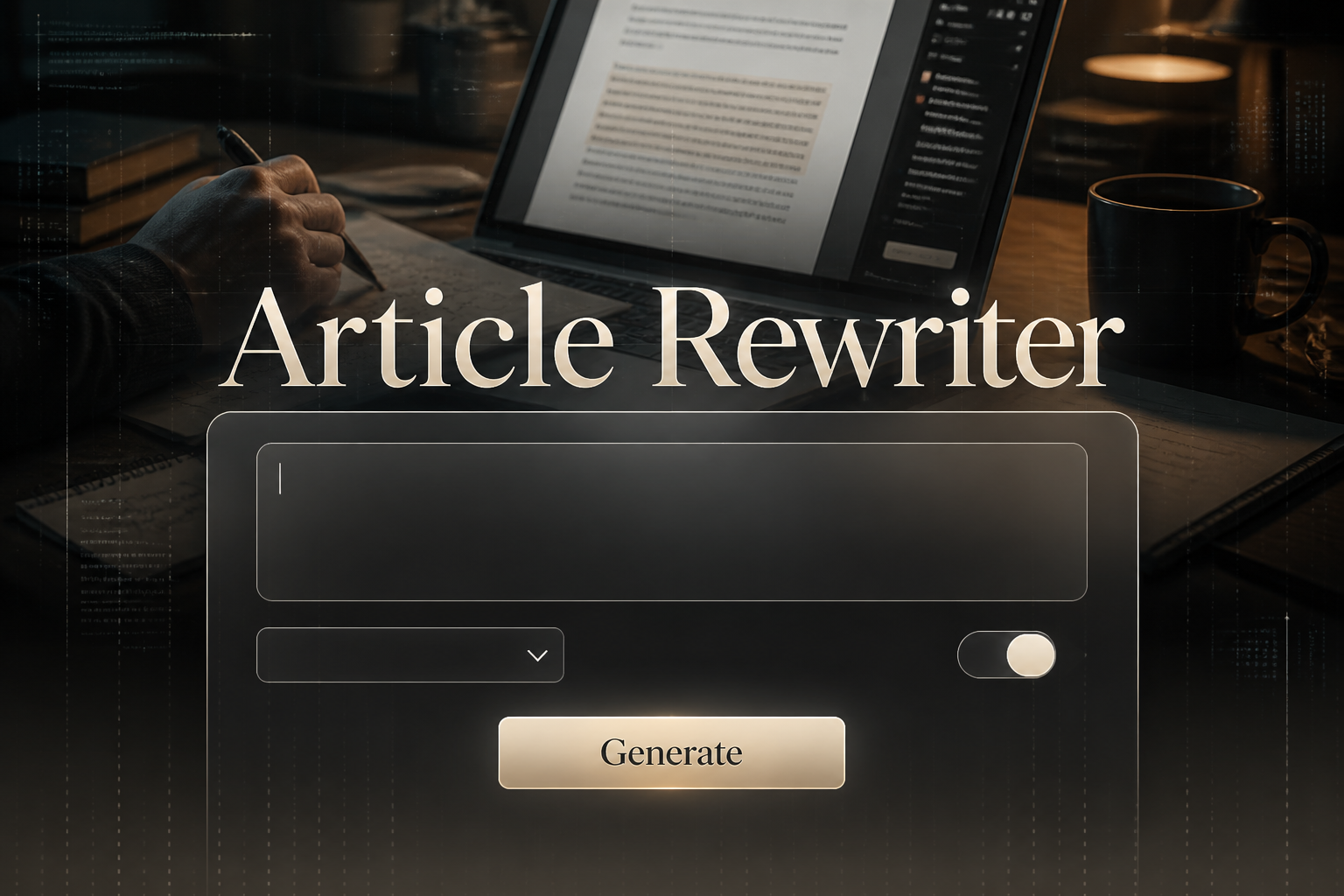 Centered hero graphic for an article rewriter tool with the text Article Rewriter, a sleek rewrite content generator interface, a large input field, dropdown, tone toggle, and a Generate button over a dark editorial workflow background.