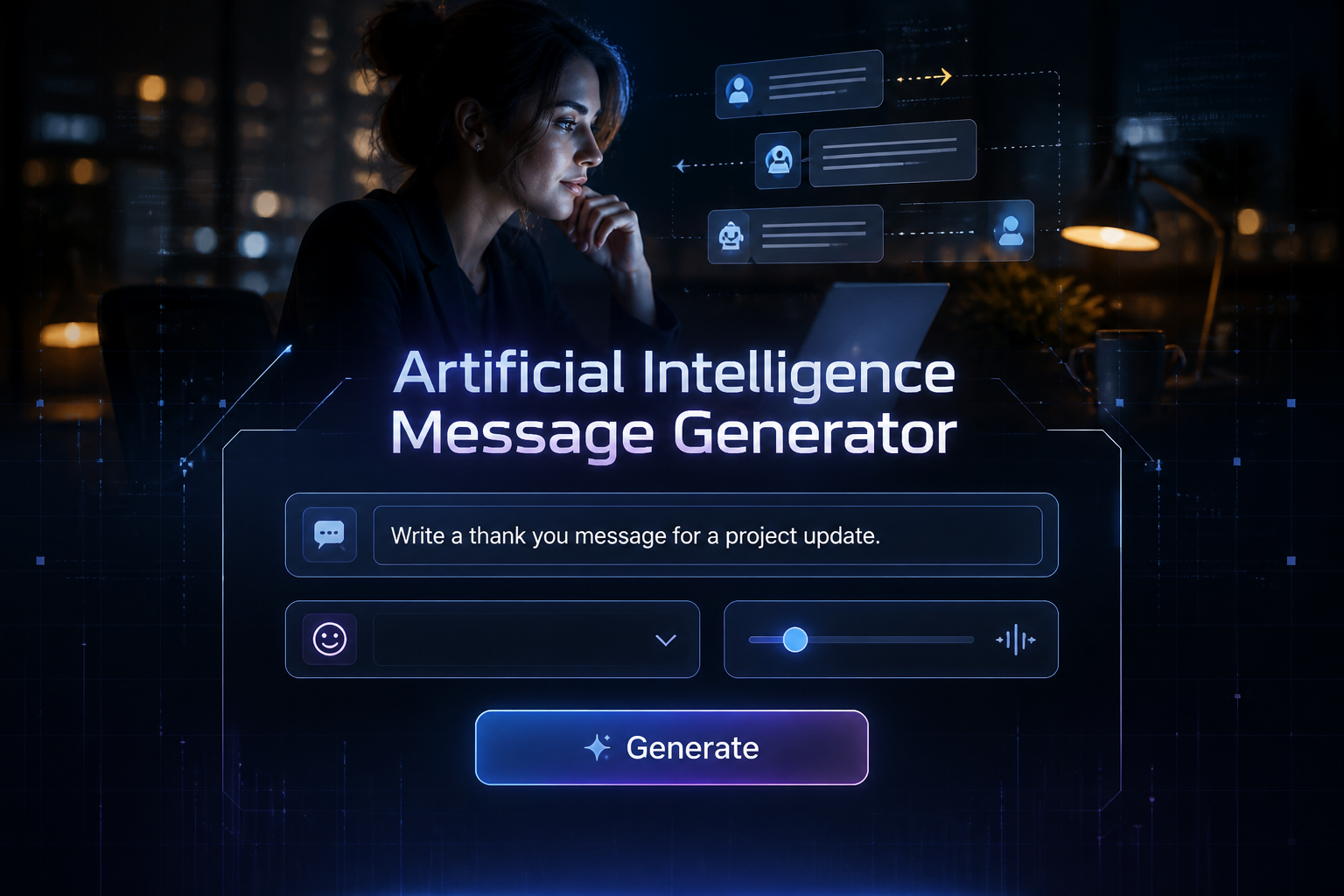 Centered hero image showing the text Artificial Intelligence Message Generator over a sleek AI message tool UI with prompt input, tone dropdown, creativity toggle, and Generate button, plus a modern ai message generator interface in a high-contrast background.