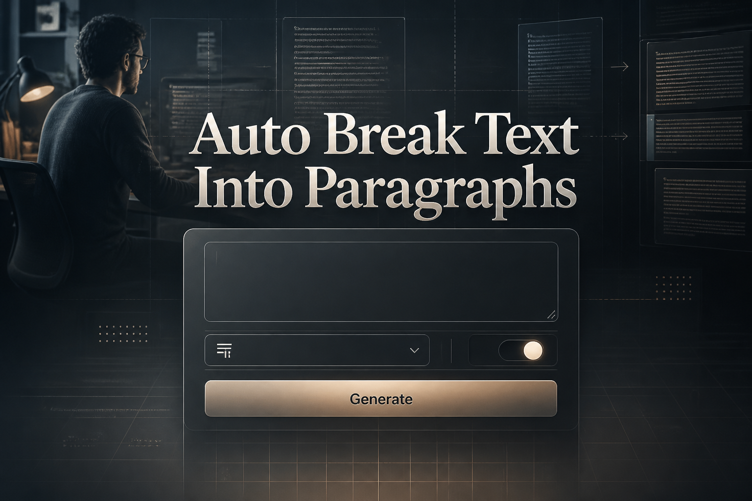 Centered hero graphic of an auto break text into paragraphs tool with a large pasted-copy box, paragraph style dropdown, auto-spacing toggle, and Generate button over a sleek writer/editor workspace with layout guides and subtle grid UI hints.