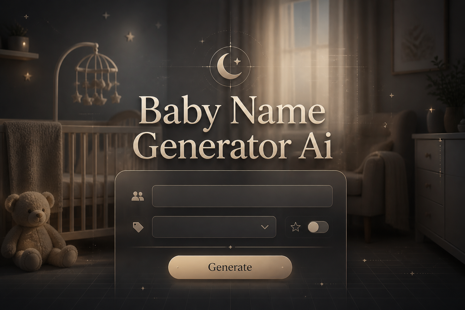 Centered hero graphic for a baby name generator AI tool with the title Baby Name Generator Ai, a parent names input, style dropdown, unique toggle, and Generate button, styled as a polished baby name generator ai interface.