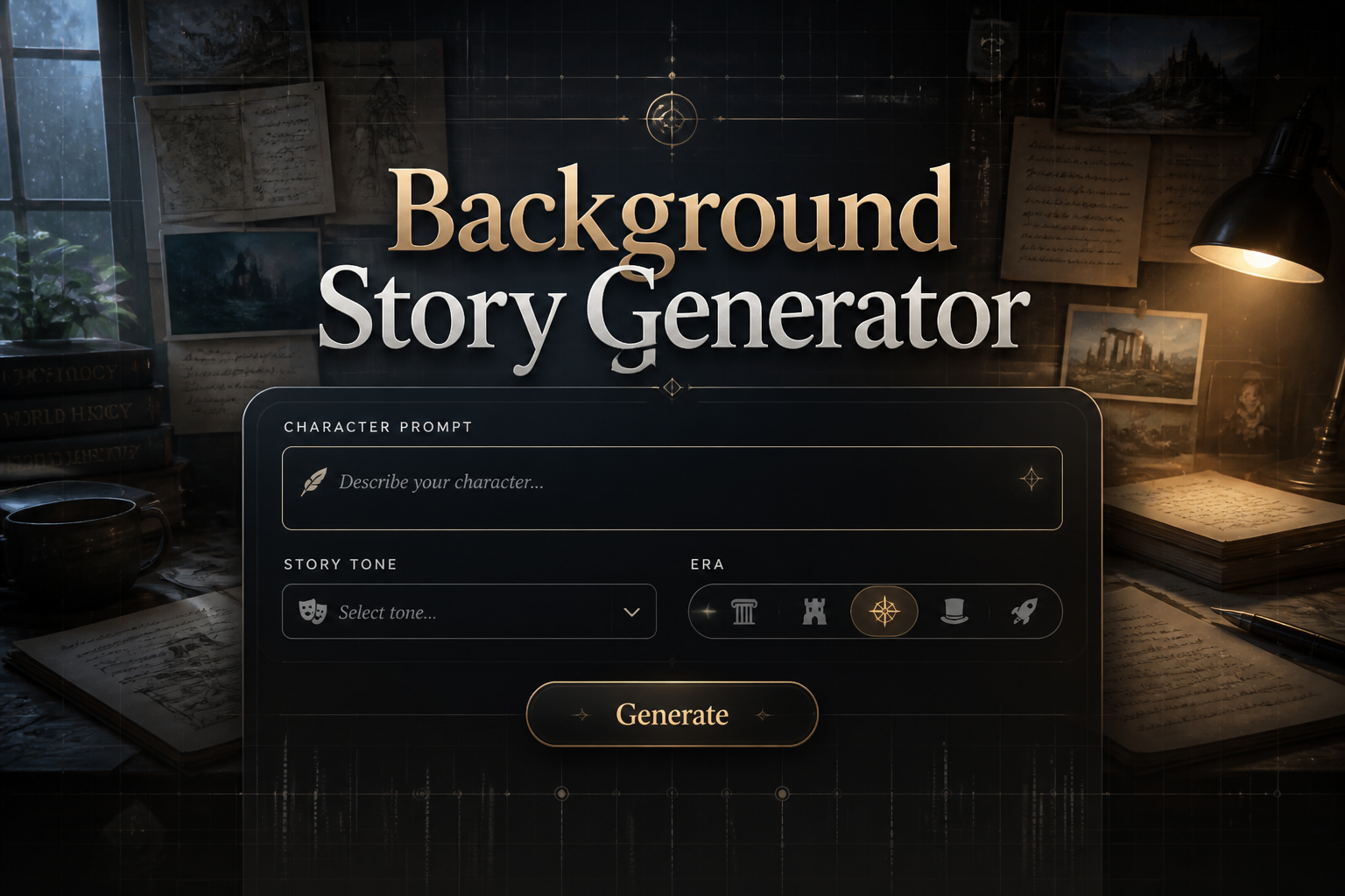 Centered hero mockup for a background story generator with the title Background Story Generator, a character prompt field, story tone dropdown, era toggle, and Generate button over a writer's desk background, ideal for background story generator tool UI.