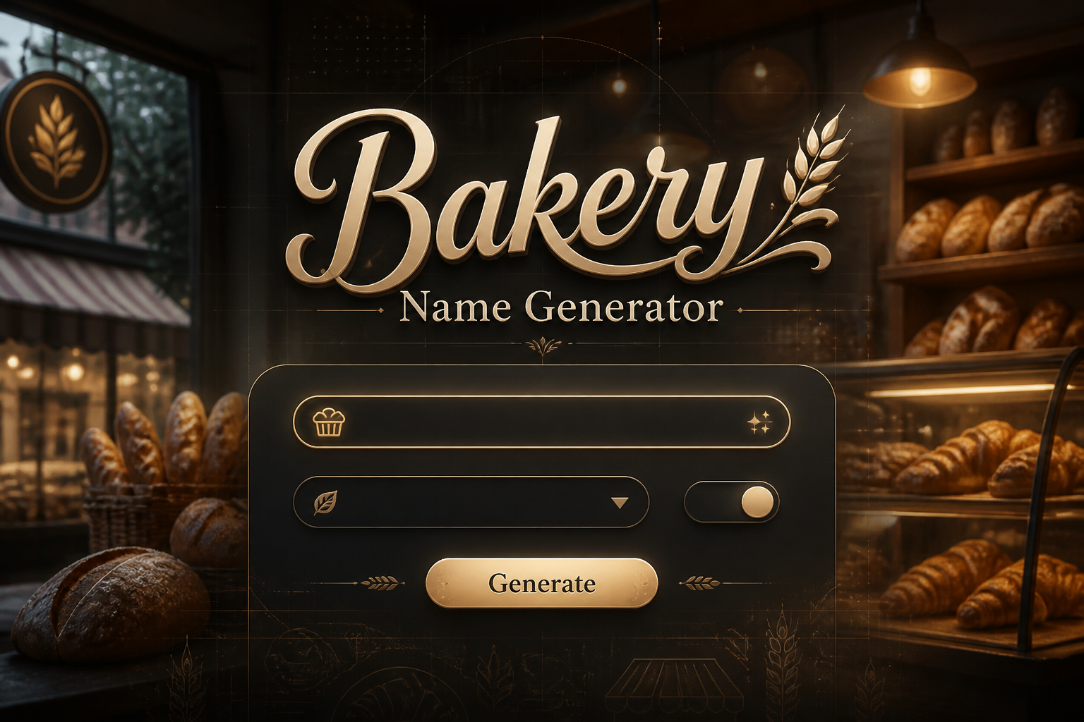 A premium bakery-themed hero image shows "Bakery Name Generator" above a sleek UI panel with one bakery style input, one name tone dropdown, a compact length toggle, and a Generate button, over a warm bakery scene for bakery business name ideas.