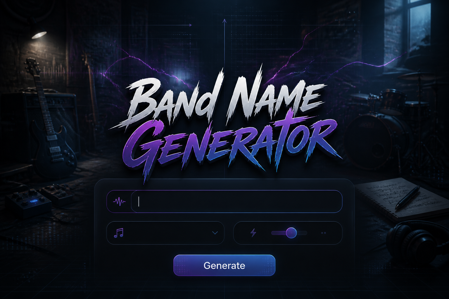 A sleek hero graphic for a band name generator tool shows the title Band Name Generator above a refined panel with a band style or mood input, genre dropdown, energy toggle, and Generate button, with subtle music-themed grid accents and dark premium tones.
