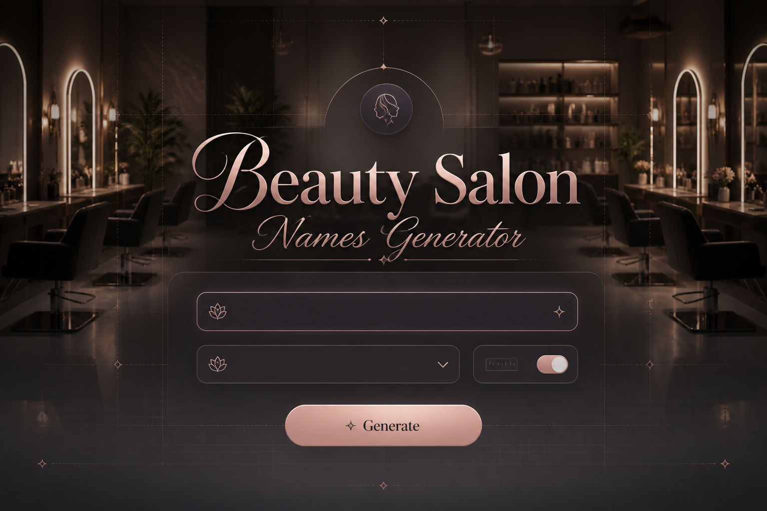 Centered hero image for a beauty salon names generator with a sleek UI panel, salon style keyword input, name tone dropdown, length toggle, and Generate button over a warm salon background with mirrors and chairs, ideal for beauty salon business name ideas.