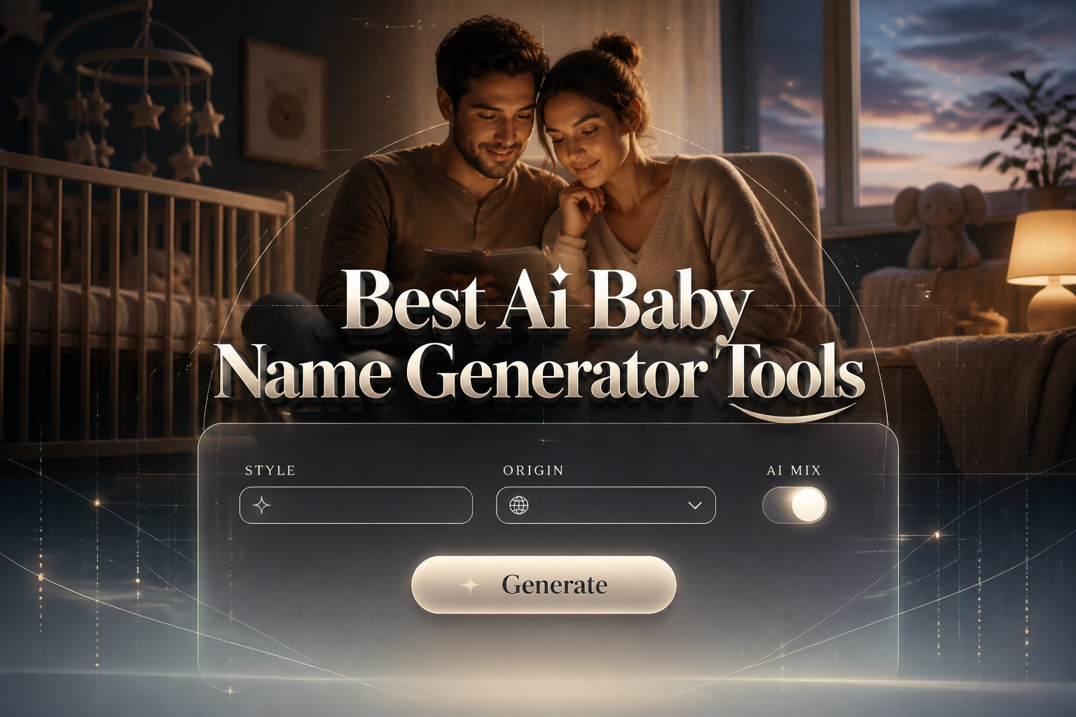 Featured hero image for Best Ai Baby Name Generator Tools showing a sleek nursery naming interface with style, origin, AI mix, and Generate controls, plus subtle grid lines and a real-life baby naming scene in the background.