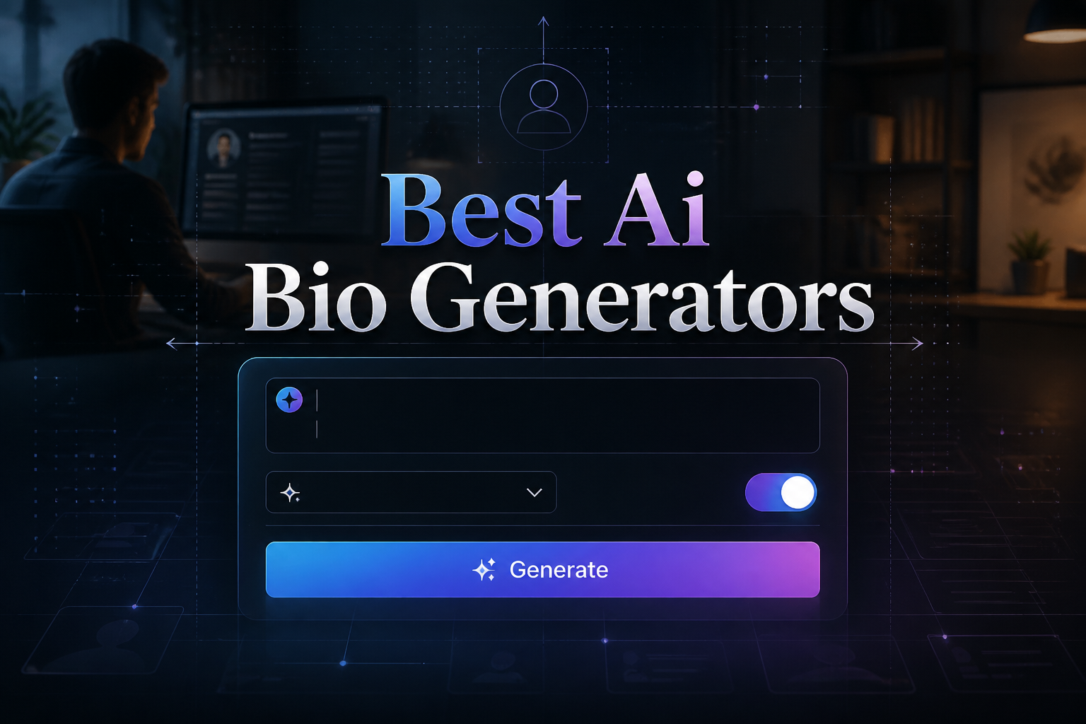 Centered hero graphic for Best Ai Bio Generators showing a sleek bio generator UI with a short bio prompt field, tone dropdown, style toggle, and Generate button, set over a modern profile creation workspace with subtle grid accents and premium dark-light contrast.
