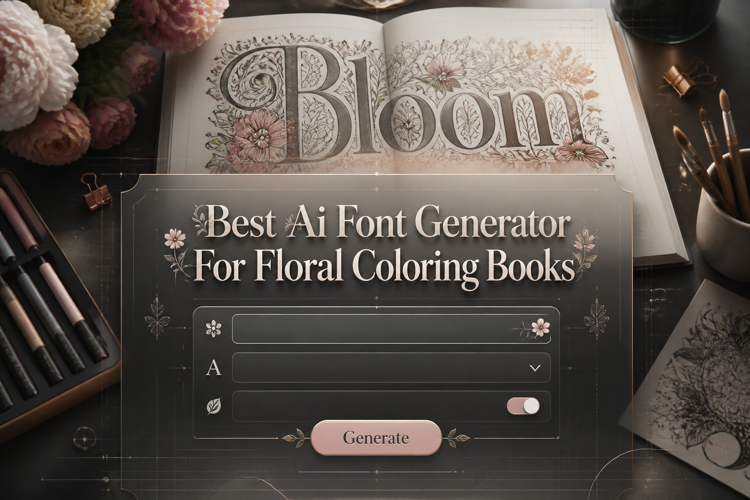A polished hero graphic shows the title Best Ai Font Generator For Floral Coloring Books over a sleek UI panel with floral style, font mood, ornament detail and Generate button, set above floral coloring book pages and brushes.