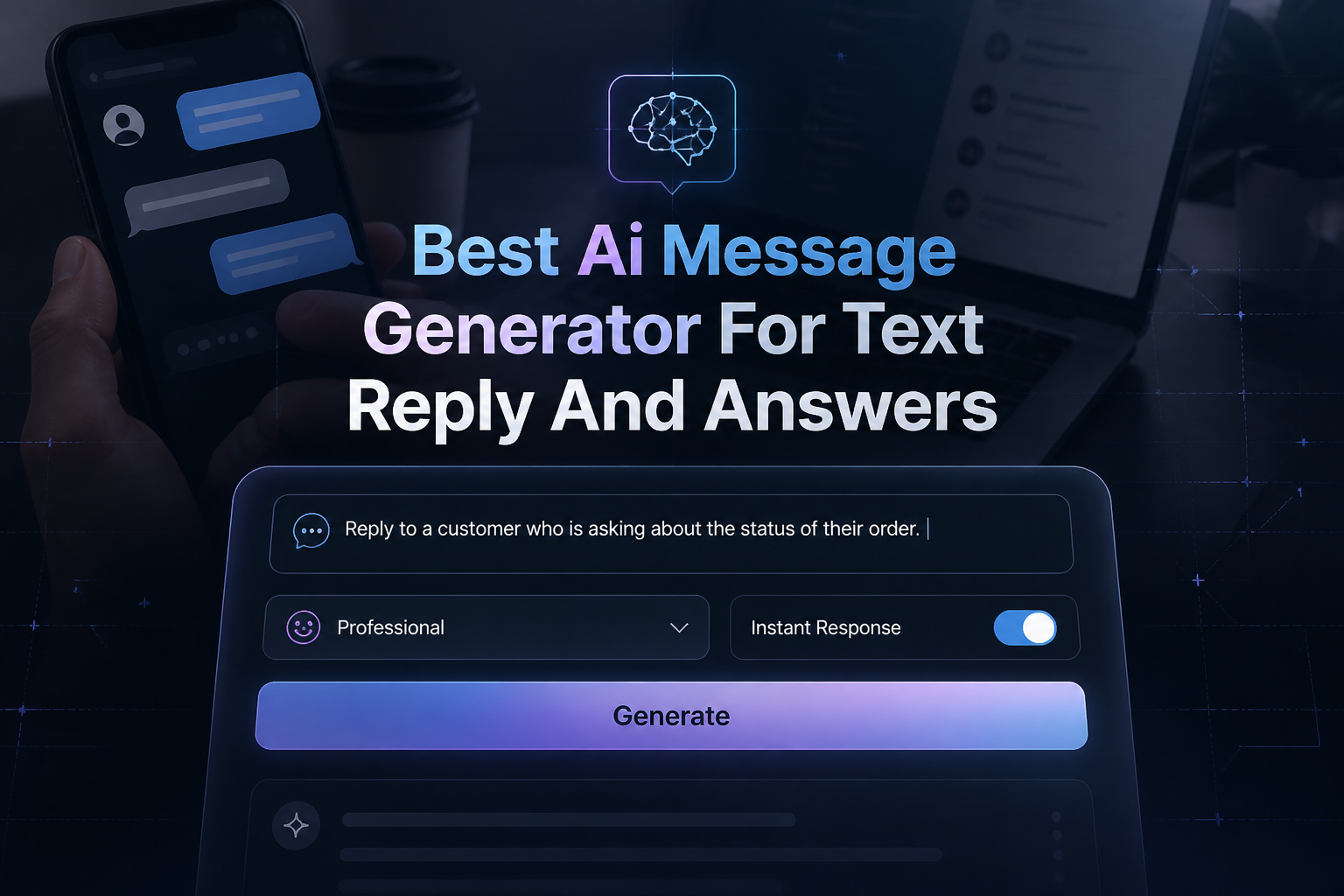 Centered hero graphic for a best AI message generator for text reply and answers, showing a sleek UI panel with a message input, tone dropdown, instant response toggle, and Generate button over a phone messaging customer reply background.