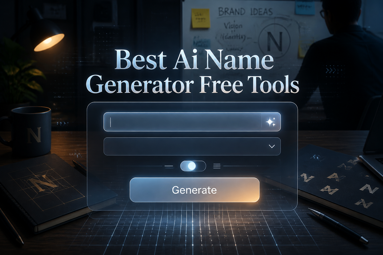 Featured hero image with the title Best Ai Name Generator Free Tools above a sleek AI name generator UI, showing a name prompt field, style dropdown, tone toggle, and Generate button in a polished brand naming tool layout.