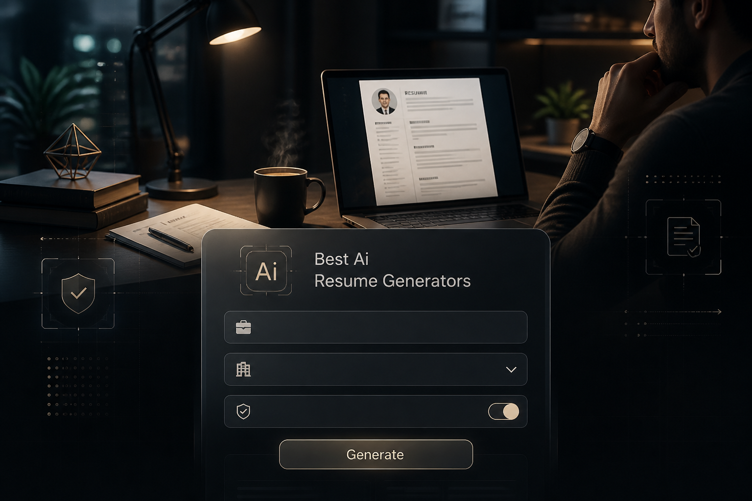Centered premium AI resume builder hero image with a job title field, industry dropdown, ATS toggle, and Generate button, set over a realistic workspace scene for best AI resume generators and ATS resume tools.