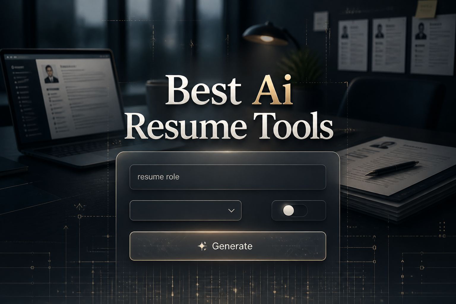 Centered hero graphic for Best Ai Resume Tools with a sleek resume AI interface, one resume role input, a clean dropdown, a simple toggle, and a Generate button over a recruiter workspace with laptop, resumes, and faint grid accents.