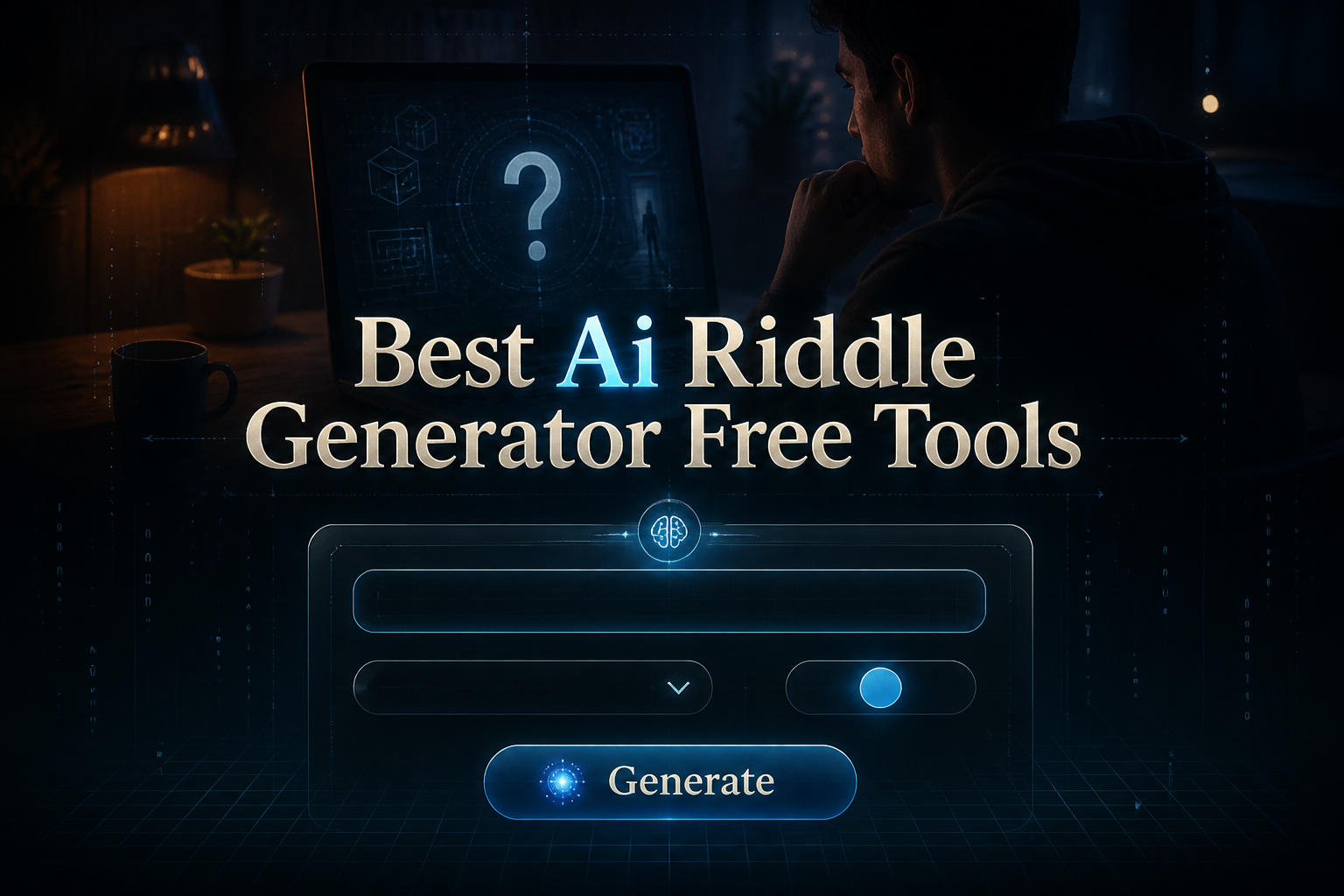 Centered hero graphic with the title Best Ai Riddle Generator Free Tools over a sleek riddle prompt generator UI, showing a difficulty dropdown, tone toggle, and Generate button above a laptop riddle-solving scene.