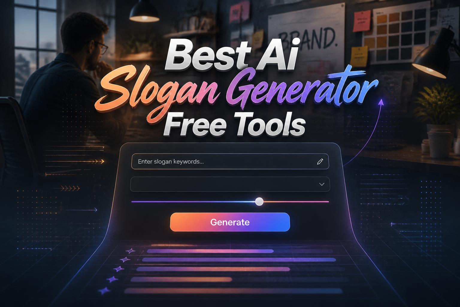Centered hero graphic with the title Best Ai Slogan Generator Free Tools, a polished AI slogan generator UI showing keyword input, tone dropdown, creativity toggle, and Generate button over a modern marketer workspace, ideal for free AI slogan maker tools.