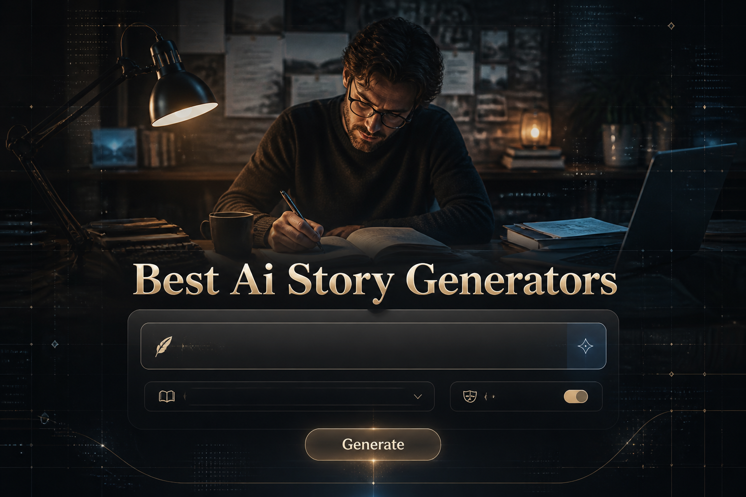 Centered hero image for Best Ai Story Generators showing a polished AI story generator UI with a story idea input, genre dropdown, tone toggle and Generate button, over a glowing writer desk scene with sleek grid accents.