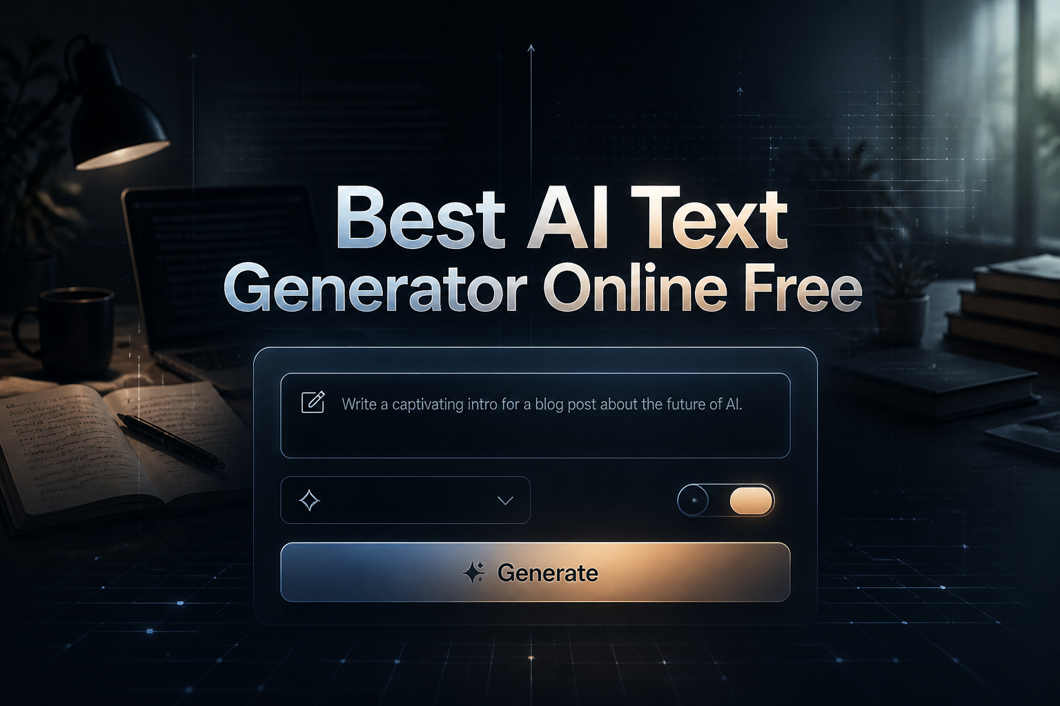 Centered on a sleek hero panel, the text Best AI Text Generator Online Free sits above a prompt input, model dropdown, tone toggle, and Generate button, with a premium AI writing tool interface and free online text generator styling in a dark polished background.
