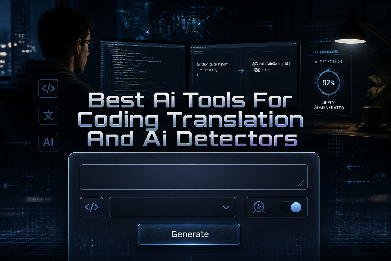 Centered hero graphic with the title Best Ai Tools For Coding Translation And Ai Detectors over a sleek UI panel, showing a coding or translation prompt field, tool type dropdown, AI detector toggle, and Generate button for AI coding tools and AI detector tools.