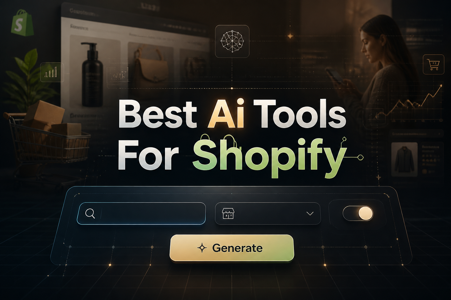 Centered premium hero graphic for Best Ai Tools For Shopify with a sleek AI search panel, store type dropdown, automation toggle, and Generate button, blending warm commerce tones with smart Shopify AI tools for store optimization.