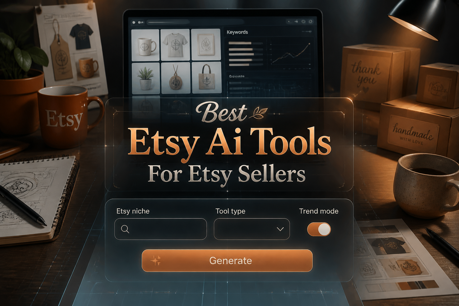 Centered hero graphic for Best Etsy Ai Tools For Etsy Sellers with a smart UI panel, Etsy niche search field, tool type dropdown, trend mode toggle, and Generate button over an Etsy seller workspace, ideal for Etsy AI tools for sellers and Etsy keyword research tools.