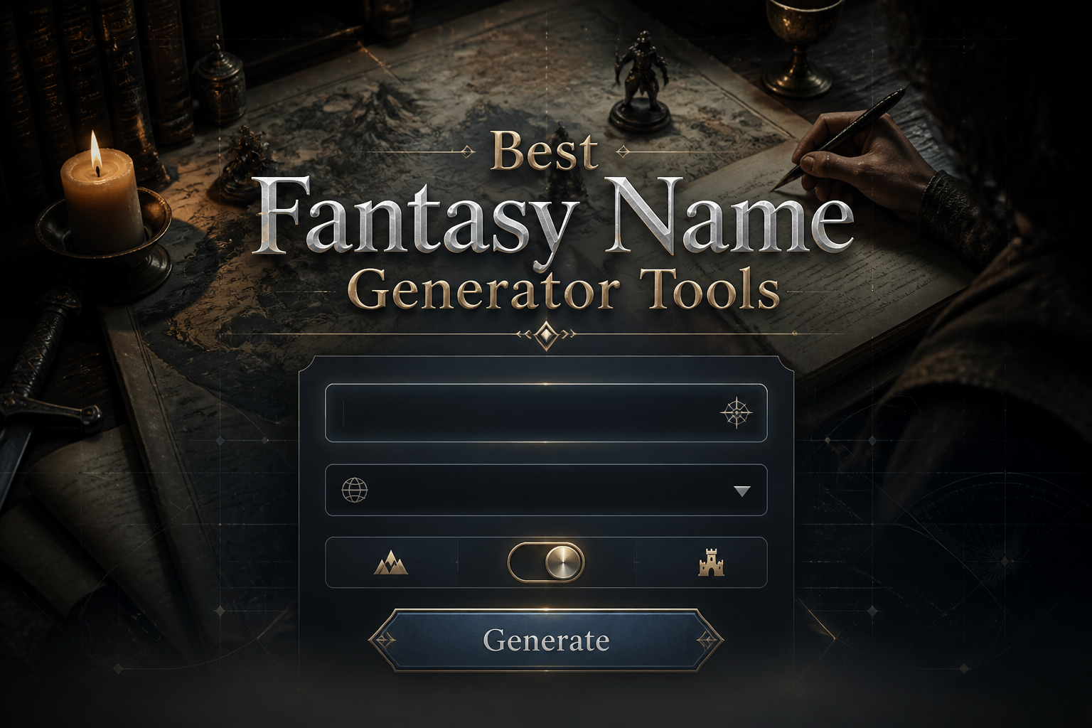 Featured hero image for best fantasy name generator tools showing a centered sleek UI panel with a name style input, fantasy race or realm dropdown, toggle switch, and Generate button over a dramatic worldbuilding background.
