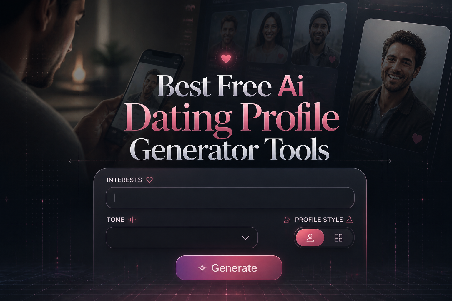 Centered hero graphic with the title Best Free Ai Dating Profile Generator Tools over a sleek panel showing an interests field, tone dropdown, profile style toggle, and Generate button, set against a premium AI dating profile creation background.